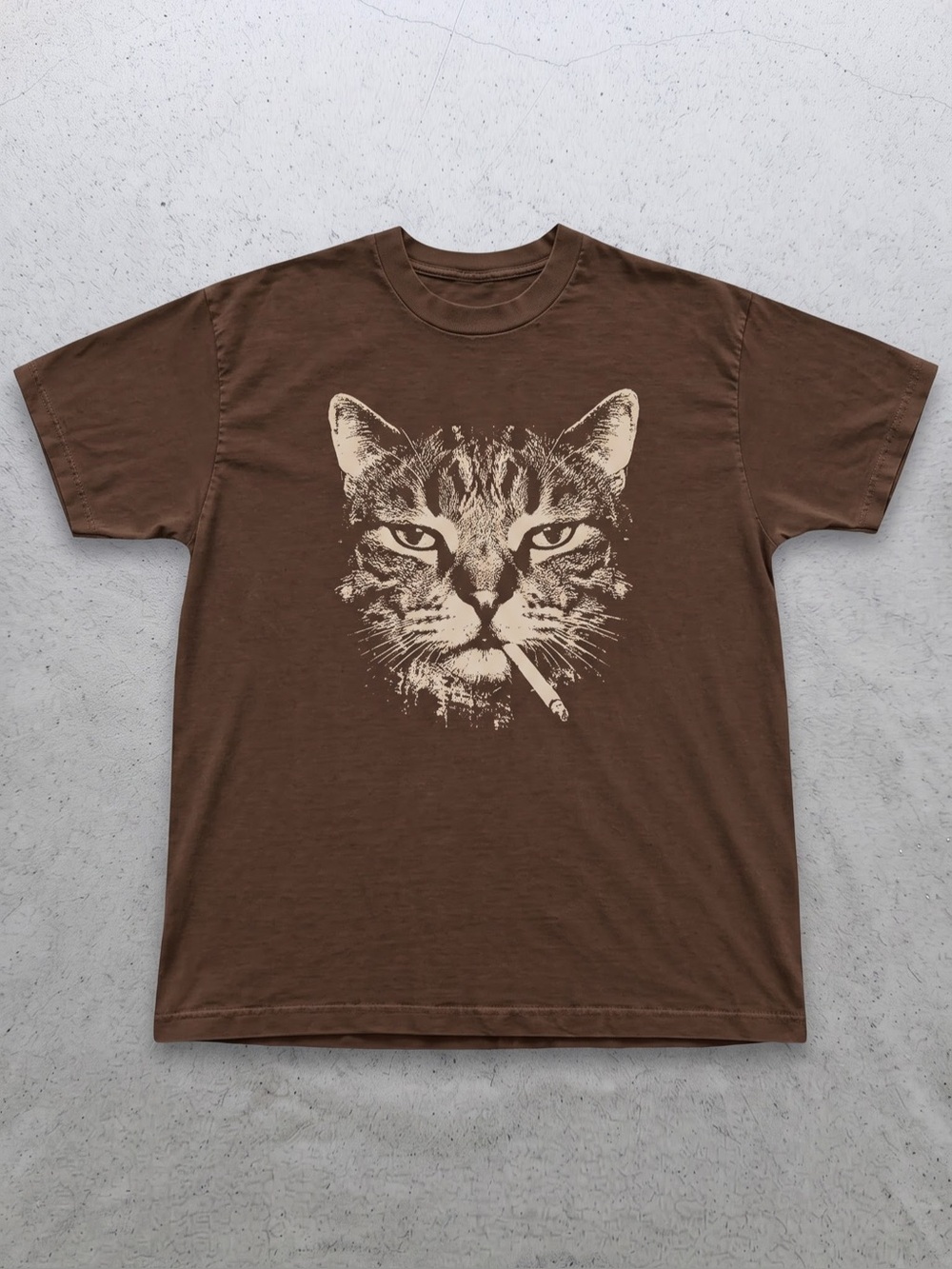 Gildan Brown Tee with Cat smoking, Funny
meme shirt